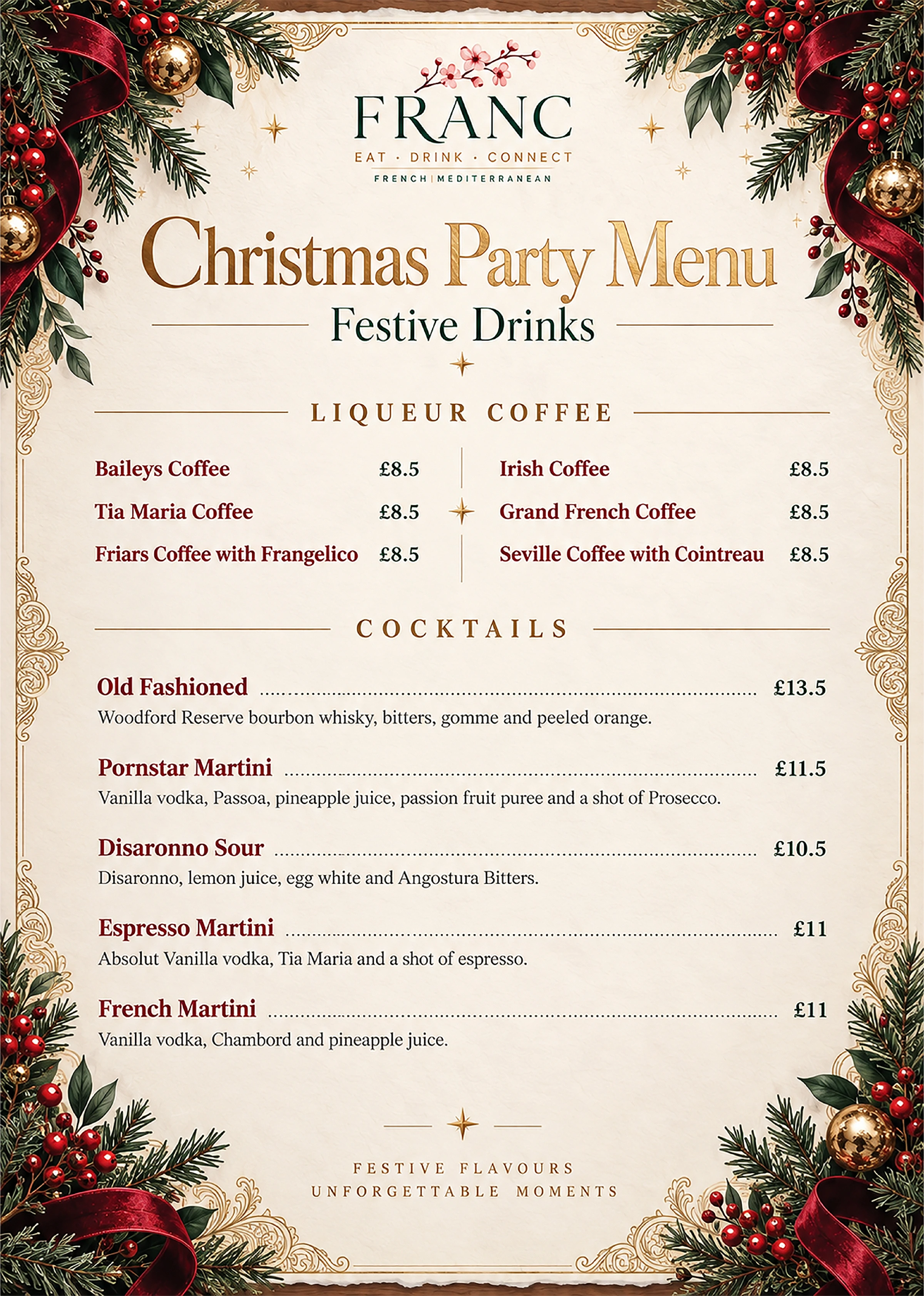 Christmas Party menu, page 2 of 2 at Bistro Franc, Liverpool
