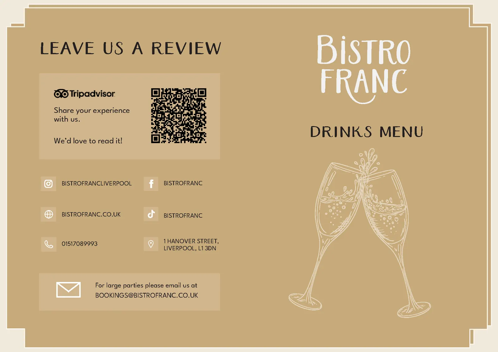 Drinks menu, page 1 of 6 at Bistro Franc, Liverpool